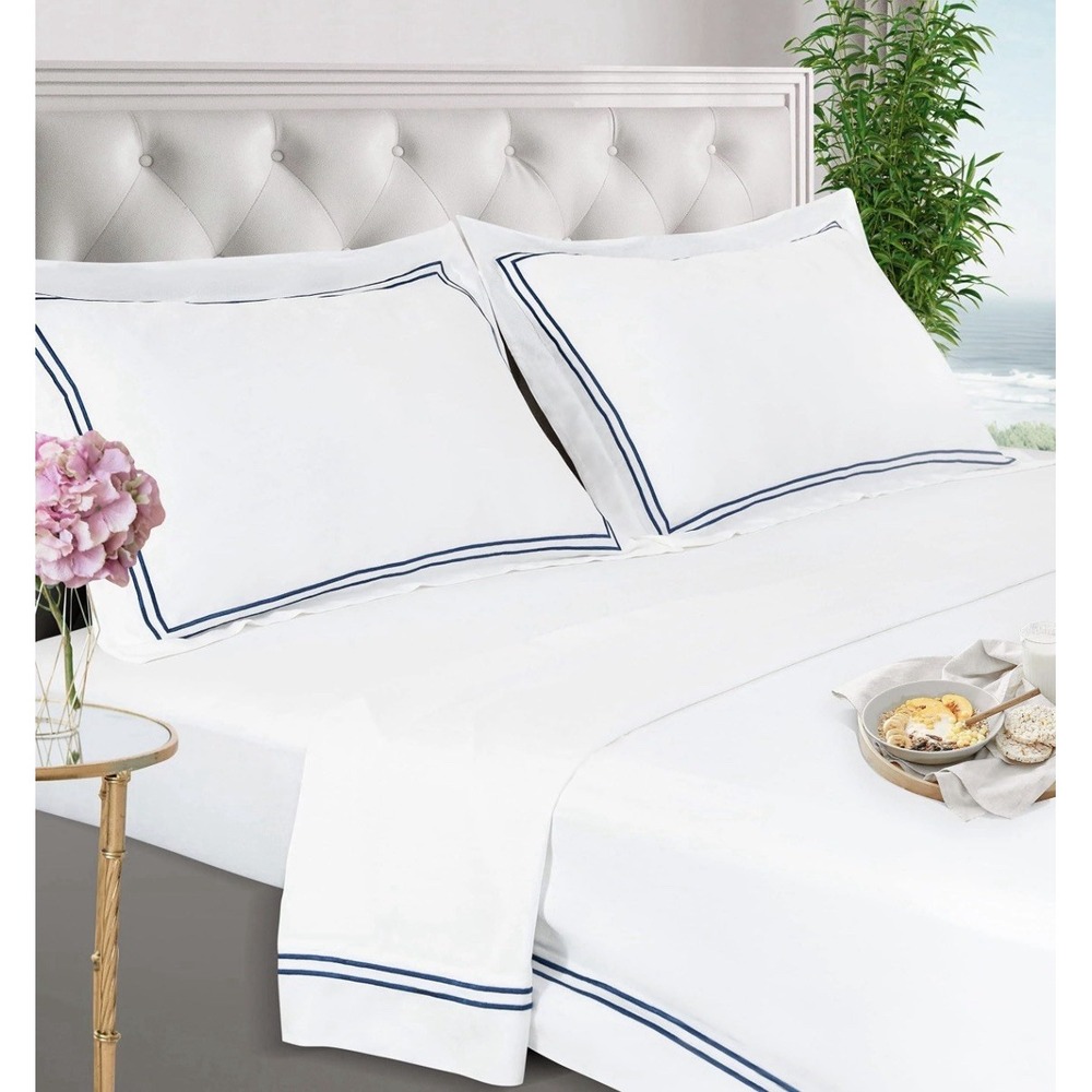 Belle Terre King Size Luxury Bamboo Sheet Set "French Riviera" Blue Stripes.